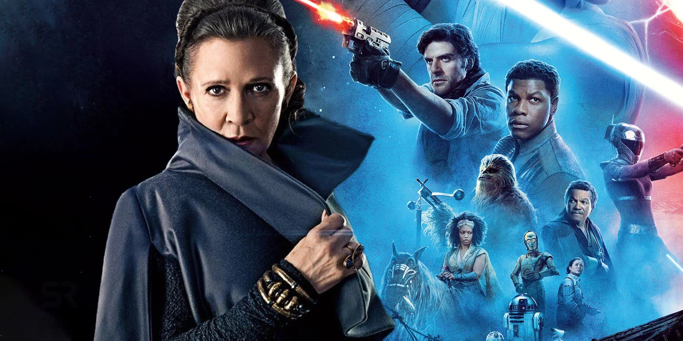 Leia dengan jubahnya dan aktor lain pada The Rise of Skywalker